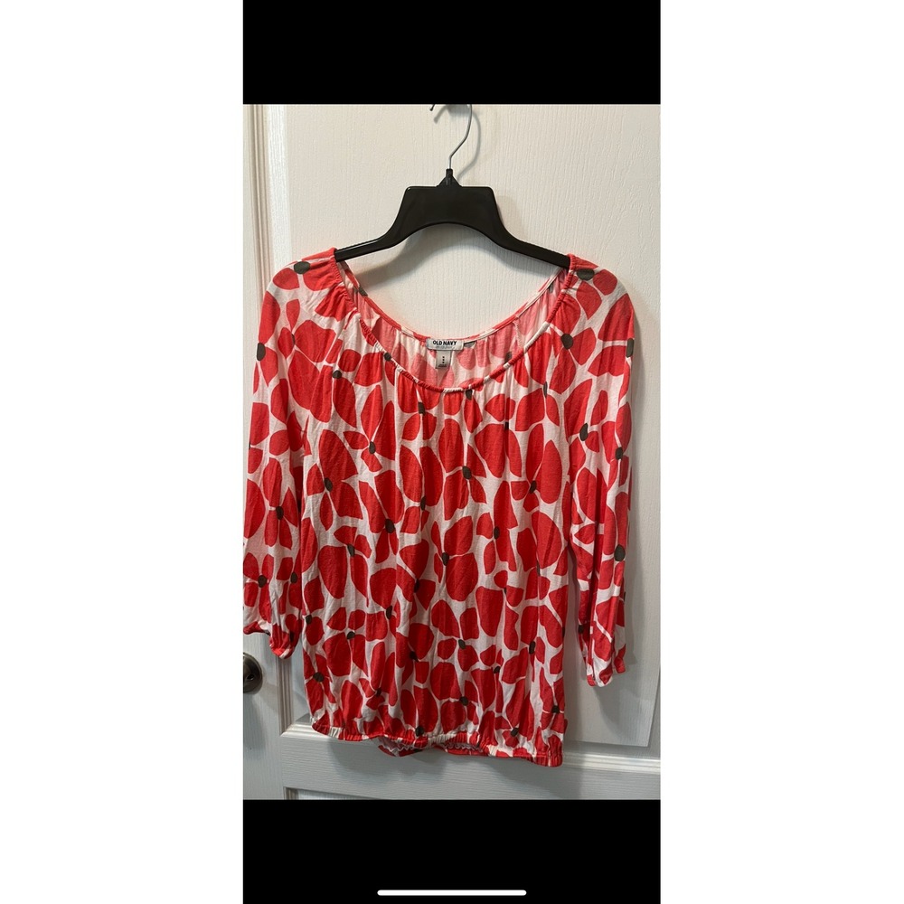 Old Navy Womens Floral Print 3/4 Sleeve Blouse Top Medium Red White